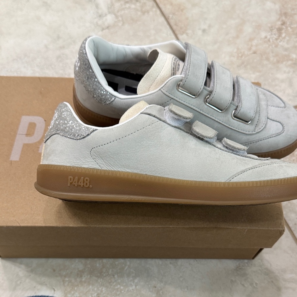 P448 Women’s Grey Suede Sneakers with Gum Sole and Silver Glitter Heel